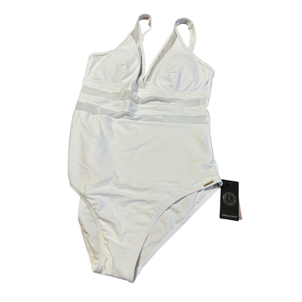Relleciga White Mesh V-Neck One-Piece‎ Swimsuit Adjustable Straps  Size M